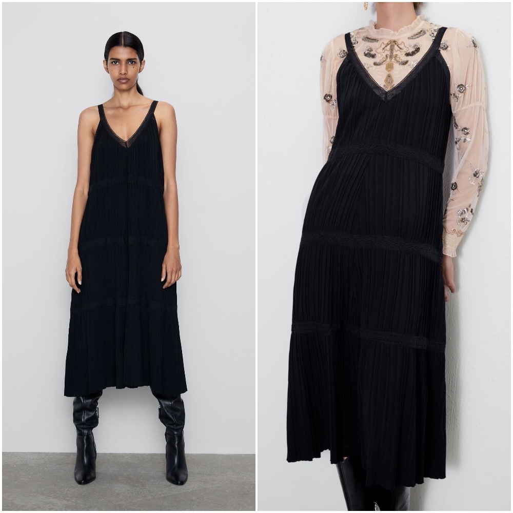 🤍 ZARA Black Bandage Knit Maxi Dress with Lace Detail